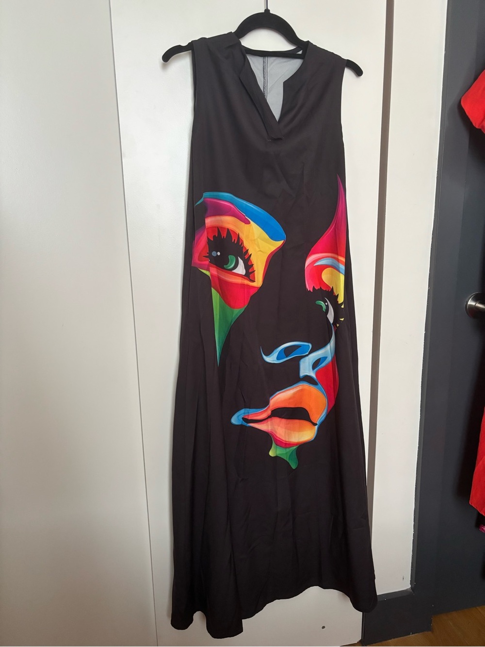 Black Sleeveless Maxi Dress with Multicolor Face Print